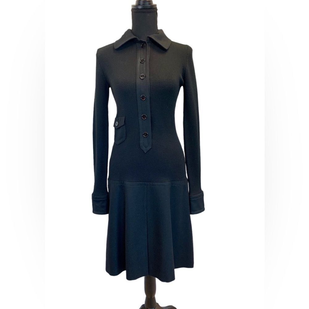 Akris Punto black ribbed knit long sleeve pleated wool dress Sz 4 NWOT